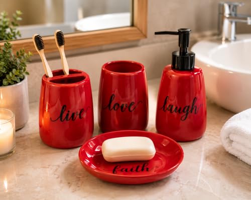 Red Ceramic Bathroom Accessories Set, 4 Piece Farmhouse Bathroom Decor, Soap Dispenser, Toothbrush Holder, Tumbler & Soap Dish, Live Love Laugh Faith Bathroom Countertop Set - style: red