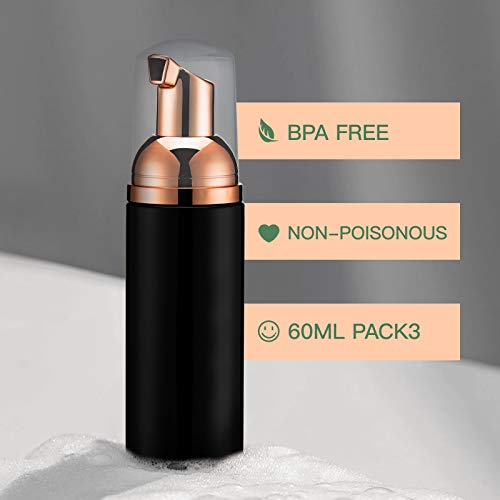 Travel Foam Pump Bottle - 2oz Small Size Foaming Hand Soap Dispenser - Mini Portable Mousse Lash Shampoo Kit Container for Hair - Empty Leak Proof Plastic Rose Gold &Black Foamer 3Pack - color: Rose Gold+black