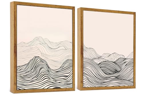 ARTZIO Framed Canvas Wall Art–Minimalist Japanese Abstract Wave Line Art in Black & White,Ready to Hang,Vintage Retro Decor for Living Room Bedroom Bathroom Office–12×16″ - color: 2-PCS-1, size: 12"x16"