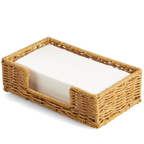 Napkin Holder for Bathroom, Woven Wicker Synthetic Rattan Guest Towel Holder Tray, Disposable Paper Hand Towel Holder for Bathroom Accessories, Dinner Napkin Holder for Kitchen Table Party - color: Khaki, size: 9.45"L x 5.43"W x 2.91"H