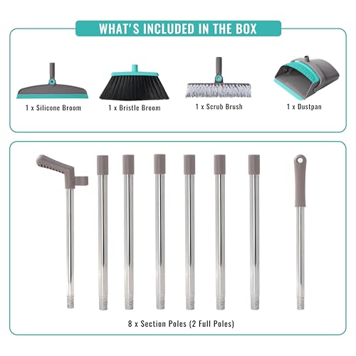 Broom with Dustpan Combo Set, Silicone Broom Squeegee and Scrub Brush Set with Long Adjustable Handle for Indoor & Outdoor Sweeping and Scrubbing, Ideal for Pet Hair, Liquids and Dirt - color: Teal and Grey