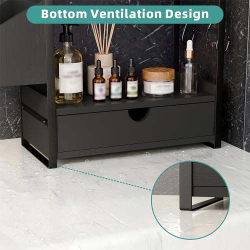 Kottwca 2-Tier Bathroom Counter Organizer with Drawer, Basket & Hooks, Wooden Vanity Shelf for Skincare, Perfume & Makeup Storage(Black) - color: Black