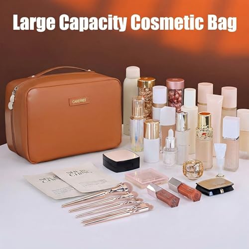 Travel Makeup Bag, Large Capacity Cosmetic Bags for Women, Waterproof Portable Pouch Open Flat Toiletry Bag Make up Bag (Brown) - color: Brown