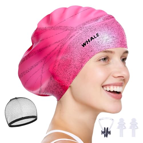WHALE Extra Large Swim Cap Designed for Men and Women with Thick, Long Hair, Hair Extensions Or Afro-Textured Hair Long-Hair Swim Cap Highly Waterproof to Keep Hair Dry - color: Pink