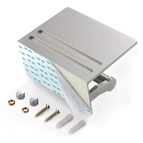 Toilet Paper Holder with Shelf and 2 Towel Hooks - Self Adhesive Toilet Paper Storage - Tissue Roll Holder with Phone Shelf - Wall Mount Toilet Roll Bathroom Organizer - Brushed Nickel - color: Brushed Nickel - 2 Hooks
