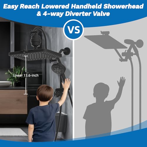 Hibbent 5-spray Dual Filtered Rainfall Shower Head Combo, High Pressure 13'' Showerhead with 10 Spray Mode Handheld, Easy Reach 4-way Diverter Shower Arm with Pause Mode, 71'' Hose and Holder, Black - color: Black, style: Square 13" with filter