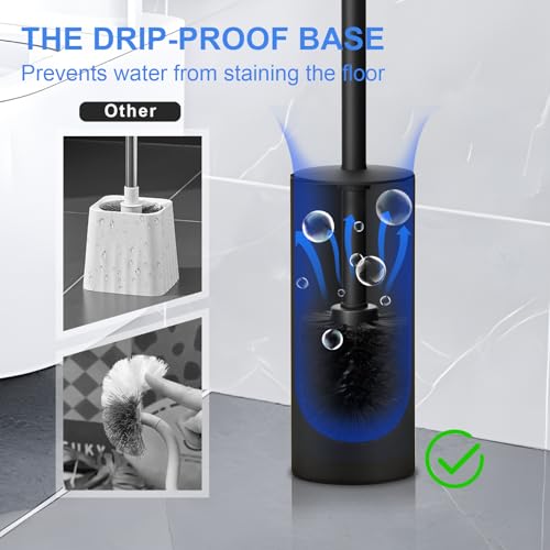 304 Stainless Steel Toilet Bowl Brush and Holder Set, Circular Floor Toilet Brush Holder, Long Handle, Bathroom Heavy-Duty Cleaner, High-End Cylinder Wall, 2 Brush Head (Black) YIGUANXIN - color: H-black