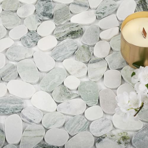Diflart Natural Pebble Stone Tile for Shower Floor, Emerald Green Oval, 4 Sheets, Sliced Pebble Mosaic Backsplash for Kitchen Bathroom Floor and Wall Tile - color: Emerald Green, size: 11.7x11.7 Inch