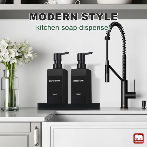 GMISUN Kitchen Soap Dispenser Set, Hand and Dish Soap Dispensers, 12 fl oz/350 ml Black Soap Dispenser with Tray, Glass Dish Dispenser for Kitchen, Liquid Hand Soap and Lotion Bottle Set for Bathroom - color: Black Bottle+black Pump+black Tray