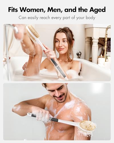 Back Scrubber Anti Slip for Shower: 18.1'' Long Handle Bath Brush with Stiff and Soft Bristles Body Exfoliator Wet or Dry Brushing for Women, Men, Elderly (Charcoal Gray) - size: Long Handle 18.1 in-Charcoal Gray