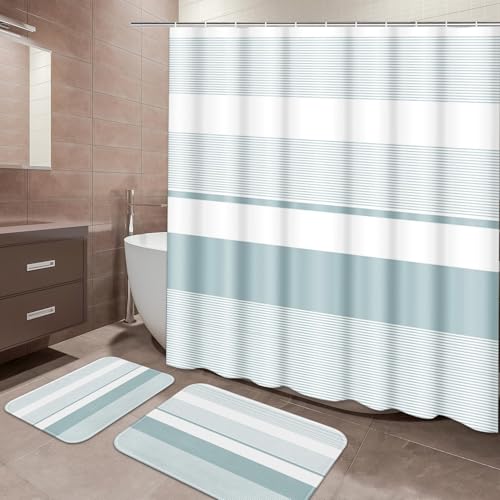 ArtSocket Blue Striped Bathroom Set with Shower Curtain and Bath Rugs and Accessories,Boho Modern Non-Slip Shower Curtain Set,Bathroom Decor 3 Pcs - color: Blue Striped