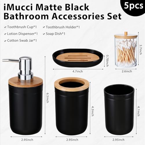 iMucci Bathroom Accessories Set 5Piece Black Bathroom Sets, Toothbrush Holder, Toothbrush Cup, Lotion Soap Dispenser, Soap Dish and Qtip Holder Bathroom Decor - style: Black