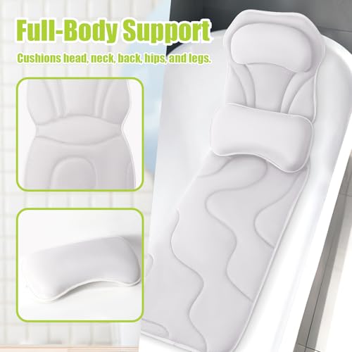 Full Body Bath Pillow for Tub - Extra Long & Thick Tub Pillow with Head, Back & Lumbar Support, 168 Non-Slip Suction Cups, Soft 5D Mesh Spa Cushion, Fits All Tubs-Gift for Soaking(White) - color: White
