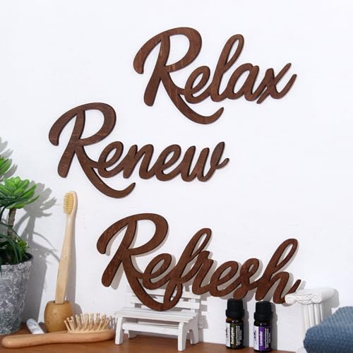 3 Pieces Bathroom Decor Wooden Bathroom Sign,Relax Renew Refresh Sign (Brown) - color: Brown