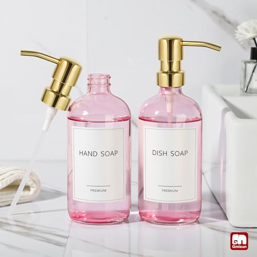 GMISUN Pink Soap Dispenser Bathroom, 2 Pack Kitchen Hand and Dish Soap Dispensers Set, 17 Fl Oz Pink Glass Soap Dispenser with Gold Pump, Refillable Modern Farmhouse Liquid Soap Pump Bottles - color: Pink Bottle + Golden Pump