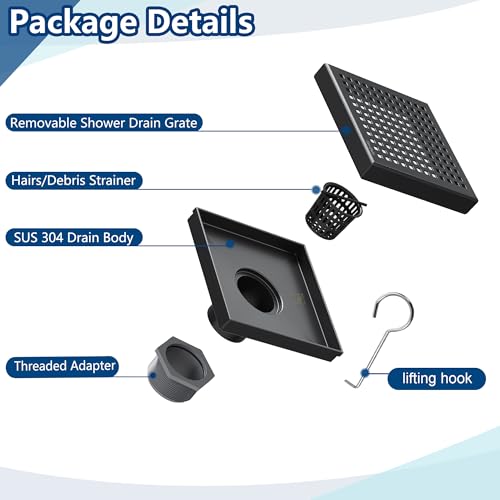 Neodrain Matte Balck Square Shower Drain with Removable Quadrato Pattern Grate, 304 Stainless Steel Square Drain, CUPC Certified, with Hair Strainer and Lifting Hook (Matte Black, 6 in) - color: Matte Black, size: 6 IN