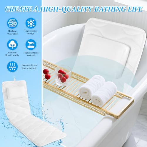 TranquilRelax Bath Pillow for Tub with Laundry Bag & 17 Non-Slip Suction Cups, Extra Thick and Soft Bathtub Pillow for Head, Neck & Shoulder Support, 56" x 16" White - color: White