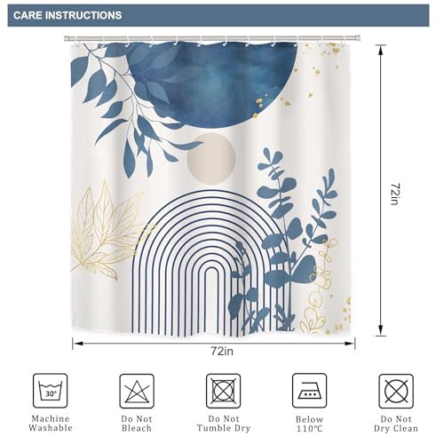 Riyidecor Boho Light Blue 4Pcs Bathroom Shower Curtain Sets Mid Century Minimalist Abstract Modern Bathroom Decor Set with Rugs and Accessories Leaf Toilet Lid Rug, Contour and Bath Mat with 12 Hooks - color: 01light Blue