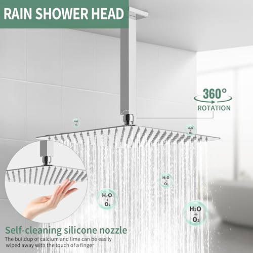 SunCleanse Rainfall Shower System Polished Chrome Ceiling Mounted Shower System Combo Set with High Pressure 12 Inches Square Rain Shower Head Handheld and Shower Faucet Rough-in Mixer Valve and Trim - color: Polished Chrome, style: 12-ceiling