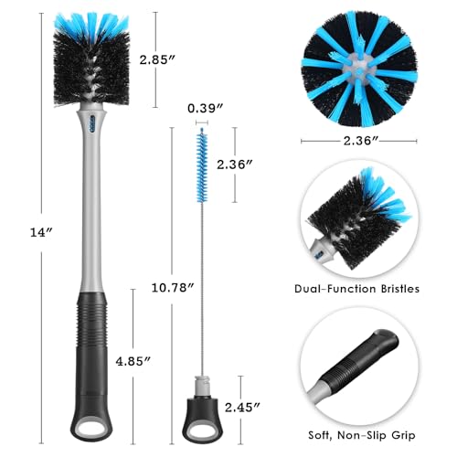 MOSOLAN 2-in-1 Water Bottle Brush and Straw Cleaner Brush, Long Handle Water Bottle Scrubbing Brush for Water Bottles, Glasswares, Mugs, Flasks, Tumblers and Kitchen Sink, Black, 2 Pack - color: Black, size: 2 Count (Pack of 1)