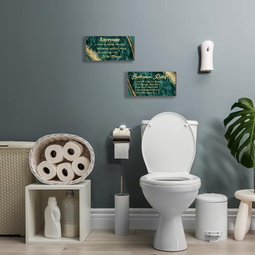 DONFENTHY 2 Pieces Green Gold Bathroom Rules Wall Art Green Gold Bathroom Decor Signs Rustic Farmhouse Wooden Sign for Toilet(12x6") - color: Green