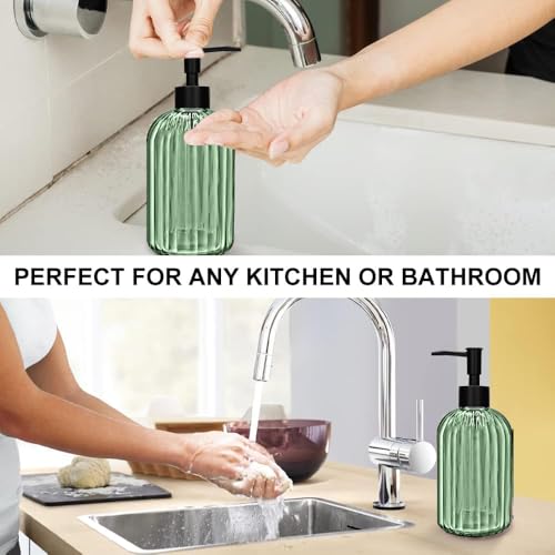 2 Pack 14oz Glass Soap Dispenser with Black Pump – Refillable for Hand Soap, Dish Soap, Lotion, Suited for Kitchen, Bathroom & Laundry Room(Olive Green) - color: Olive Green