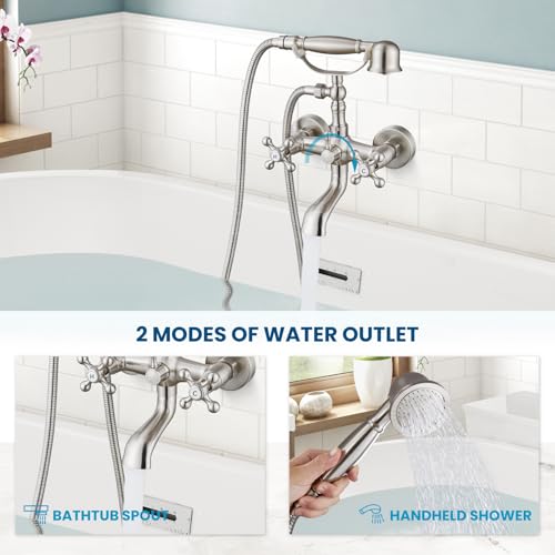 gotonovo Wall Mount Clawfoot Bathtub Faucet with HandHeld Spray and 360° Double Cross Handle Swivel Spout Vintage Tub Shower Faucet Set with Adapter Adjustable Swing Arms Brushed Nickel - color: Brushed Nickel