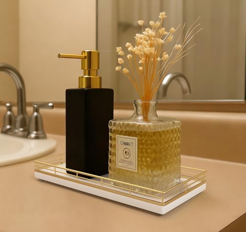 Bathroom Vanity Tray for Countertop, 12" x 6" Oak Wood Toilet Tank Tray | Metal Guardrail, Bathroom Organizer for Soap, Perfume & Skincare, Non-Slip Decorative Tray for Dresser, Gold & White - color: Gold & White, size: 12" x 6" x 1.5"