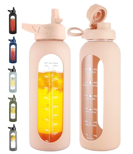 CIVAGO 40 oz Glass Water Bottle with Straw and Handle, Large Sports Motivational Water Bottle Flask with Time Marker and 2 Lids, Leakproof Water Jug Canteen with Silicone Sleeve for Gym, Beige - color: Beige, size: 40 Ounces