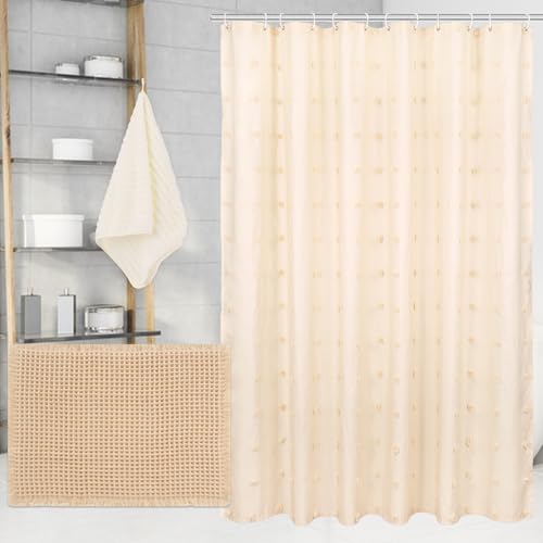 3 Pcs Boho Farmhouse Bathroom Shower Curtain Set with Waffle Bath Mat and Hand Towel Cream 71” x 71” Waterproof Neutral Shower Curtain Non Slip with 12 Hooks for Bathroom and Hotel Tub Decor