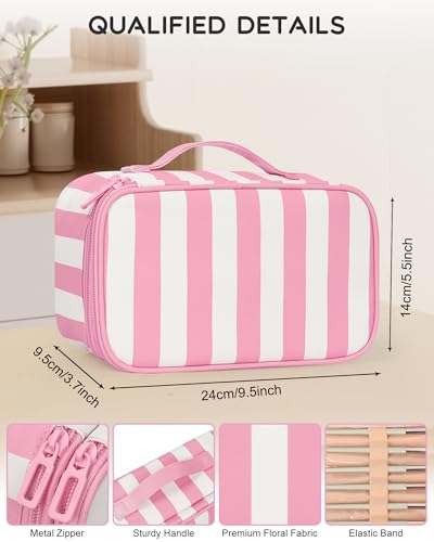 Relavel Travel Makeup Bag, Small Floral Cosmetic Bag with Makeup Brush Compartment, Portable Makeup Pouch for Women, Double Layer Makeup Organizer Bag Cute Toiletry Bag, Wide Strip - color: 01B-Wide Strip, size: MEDIUM