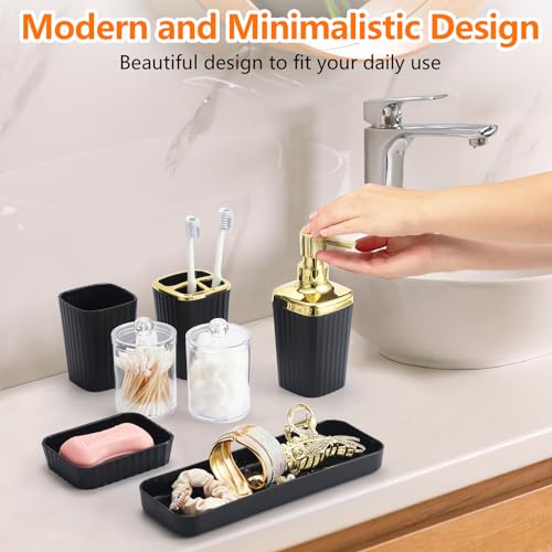 Bathroom Accessory Set,9 Pieces Black Bathroom Accessory Set with Toothbrush Holder, Trash Can, Lotion Soap Dispenser, Toothbrush Cup, Vanity Tray, Soap Dish, Toilet Brush, Qtip Holder - color: Black