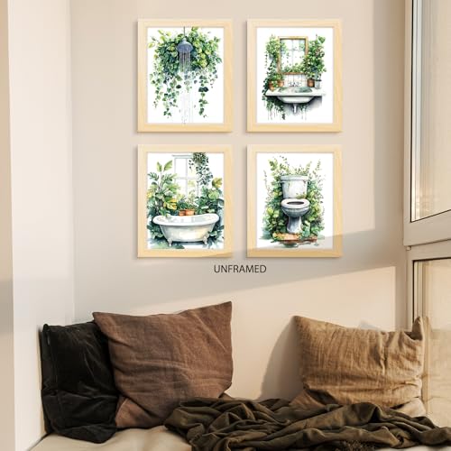PUHEI Botanical Bathroom Wall Art Prints Set of 4, Sage Green Funny Floral Bathroom Wall Posters Decor,Sage Green Botanical Wall Decoration Poster Prints (8x10 Inches UNFRAMED)