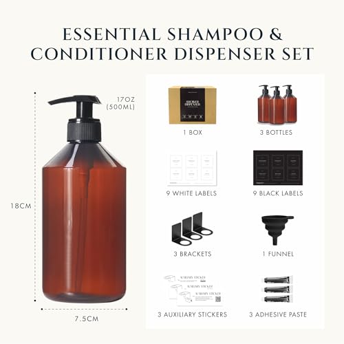 FINESSY Refillable Shampoo and Conditioner Dispenser Wall Bottles with Pump, Bathroom Body Wash Soap and Shampoo Dispenser for Shower Wall 3 Chamber No Drill, Shower Bottles Refillable with Labels - color: Luxe Amber