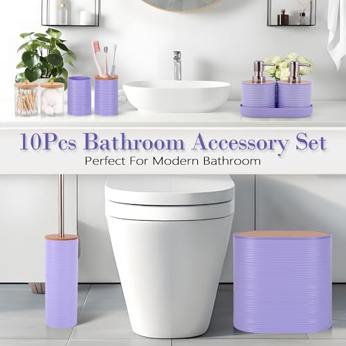 Bathroom Accessory Set,10 PCS Purple Bathroom Set with Trash Can,Toothbrush Holder,Soap Dispenser,Toothbrush Cup,Vanity Tray,Soap Dish,Toilet Brush,Qtip Holders - color: Purple
