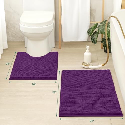 HOMEIDEAS Bathroom Rugs Set 2 Pieces, Ultra Soft Non Slip Absorbent Chenille Toilet Bath Mat Set (Purple) - color: Purple-purple, size: 1'8" x 2'8" (U Shape 20"x24"+20"x32")