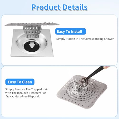 Premium Silicone Shower Drain Cover Hair Catcher, 3 Pack with Clean-Out Tool & Drain Clog Remover, Bathroom Sink Strainer - Flexible & Durable for Tub Shower, Bath, Laundry