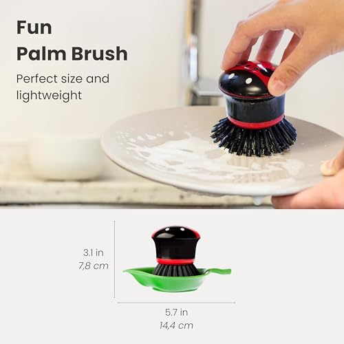 Vigar Ladybug Dish Scrub Brush with Holder, Kitchen Scrub Brush for Dishes, Dish Scrubber, Sink Brush, Dishwashing Brush and Vegetable Scrubber for Household Cleaning - Ladybug - color: Green