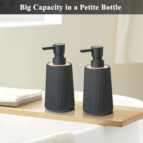 Black Hand Soap Dispenser Set with Bamboo Decor and No Rust Pump for Bathroom and Kitchen Countertops Refillable Striped Matte Plastic 8.5 oz - color: Black Bamboo Set of 2