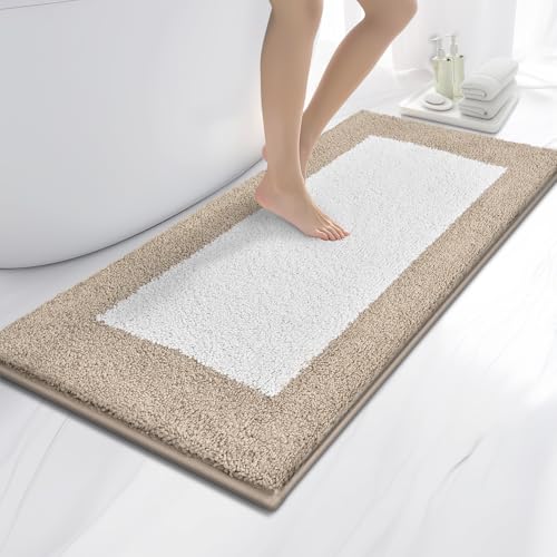 anllugs Bathroom Rugs 24" x 60", Non-Slip Extra Soft Absorbent Bath Rugs, Machine Washable Quick Dry Bath Mats for Bathroom Floor, Shower, Bathtub and Sink, Beige & White - color: Beige & White, size: 24" X 60"