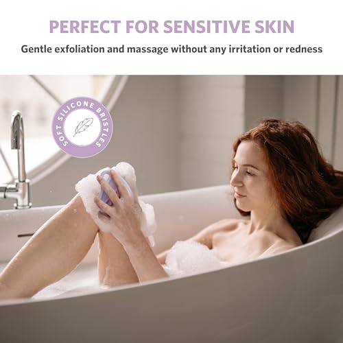 Sndyi Silicone Body Scrubber, Gentle Exfoliating Body Scrubber for Sensitive Skin, Leaf Shaped Shower Scrubber for Body with Lathering Bristles, Silicone Loofah Body Brush for Showering, Purple - color: Purple