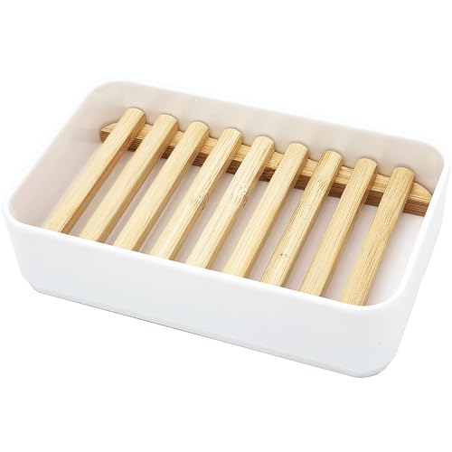 Soap Dish Holder, Bamboo Self-Draining Soap Box, Soap Dishes Holder for Shower, Bathroom, Kitchen, Bathtub, Bar Sink (White, 1 Pack)