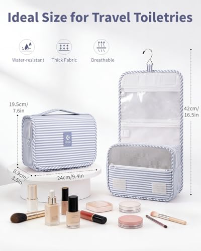 Narwey Small Hanging Toiletry Bag for Travel Women Girl, Striped Toiletries Travel Bag with Hook, Hanging Makeup Bag Organizer Make Up Cosmetic Bags, Gifts for Kids Teen (Greyish Blue Stripe) - color: Y-Greyish Blue Stripe
