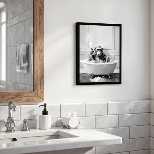 Urmoya Funny Monkey Bath Bathroom Decor Canvas Wall Art 12x16 in | Wood frame, Black and white bathroom decor, Funny chimpanzee in bathtub, Canvas print, Ready to hang - color: Chimpanzee, size: 16"L x 12"W