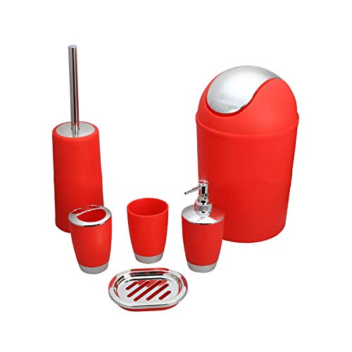 6Pcs Bathroom Accessory Tumbler Toothbrush Holder Bin Soap Dish Dispenser (Red) - color: Red