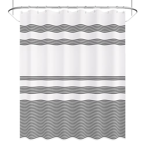 AmazerBath Shower Curtain, Washable Cloth Black Shower Curtain Sets with 12 Shower Curtain Hooks, Fabric Rustic Black and White Striped Curtain, Farmhouse Bathroom Curtains, 72x72 Inches - color: A- Black Stripe +12 Metal Hooks, size: 72"W x 72"L (Pack of