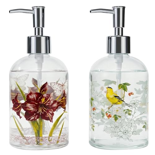 Topadorn Hand and Dish Soap Dispenser Set, 2 Pack 17oz Glass Soap Dispensers with Pump, Refillable Kitchen Soap Bottles, Vintage Floral & Goldfinch Bathroom Counter Decor - color: Set of 2