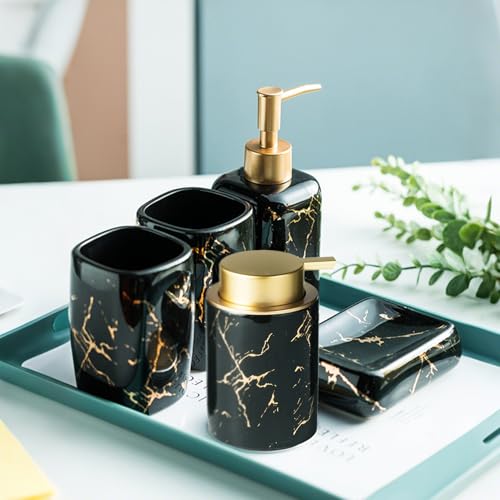 Black and Gold Bathroom Accessories Set, Marble Bathroom Accessories 5 Pieces Ceramic Modern Bathroom Accessories Set with Bathroom Soap and Toothbrush Holder Set, Soap Dispenser, Mouthwash Cups
