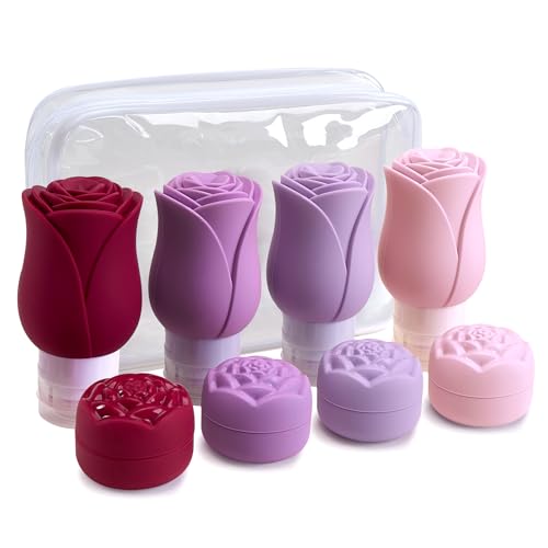 Silicone Travel Bottles - 3 OZ Travel Bottles Leakproof for Travel TSA Approved & Refillable Mini Cream Containers Set 8 Pack, 4 colors - color: PK+RS+PP+RD, size: 4 Bottles+ 4 Jars