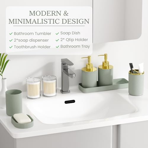 Sage Green Bathroom Accessories Set, 10PC Bathroom Set, Bath Accessory with Pop Up Trash Can, Soap Dispenser, Toilet Brush, Toothbrush Set Qtip Holders & Tray - color: Sage Green & Gold, size: 10-Piece Set (Accessories Only)